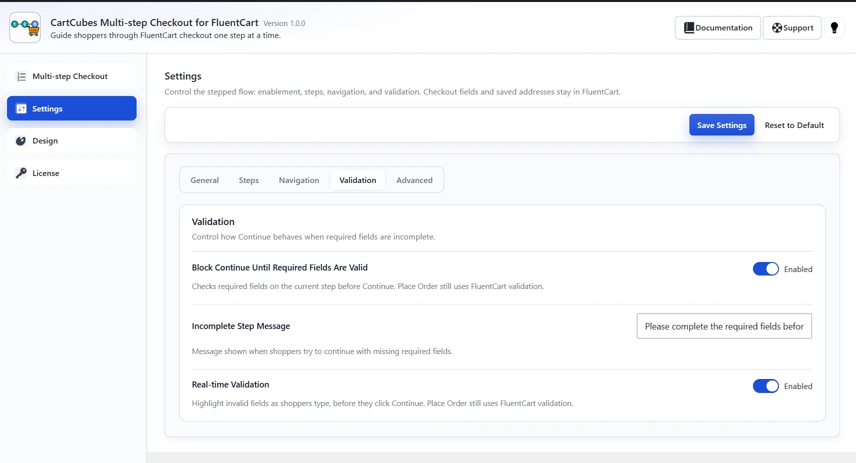 Validation tab: Block Continue Until Required Fields Are Valid (Enabled), Incomplete Step Message, and Real-time Validation (Enabled). Help text notes that Place Order still uses FluentCart validation.