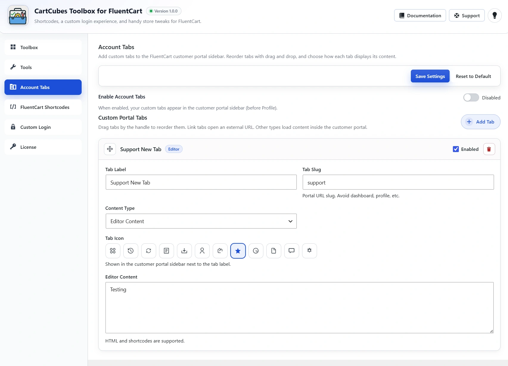 Account tabs settings