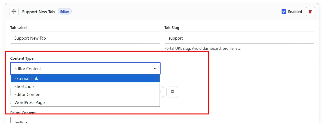 Custom tab content types