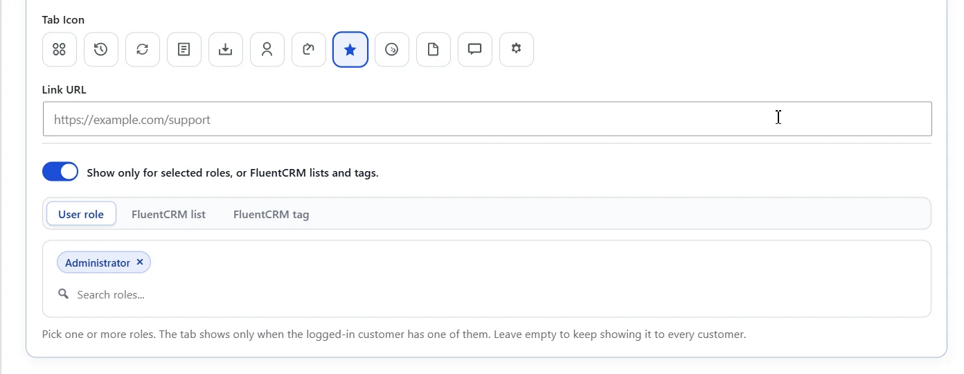 Show an account tab only for selected roles, or FluentCRM lists and tags
