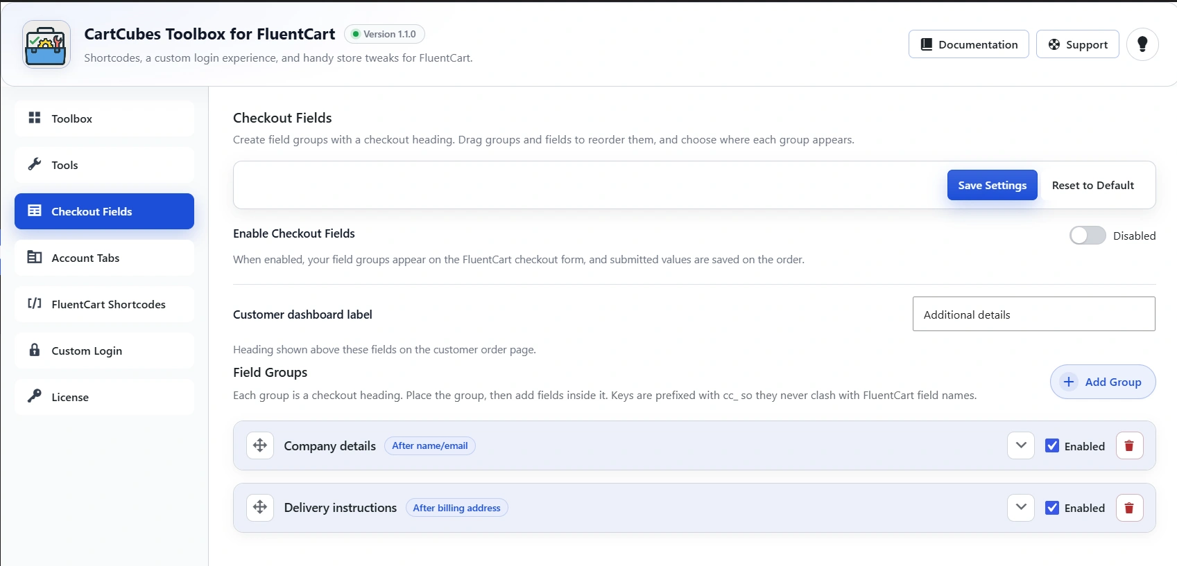 Checkout Fields settings