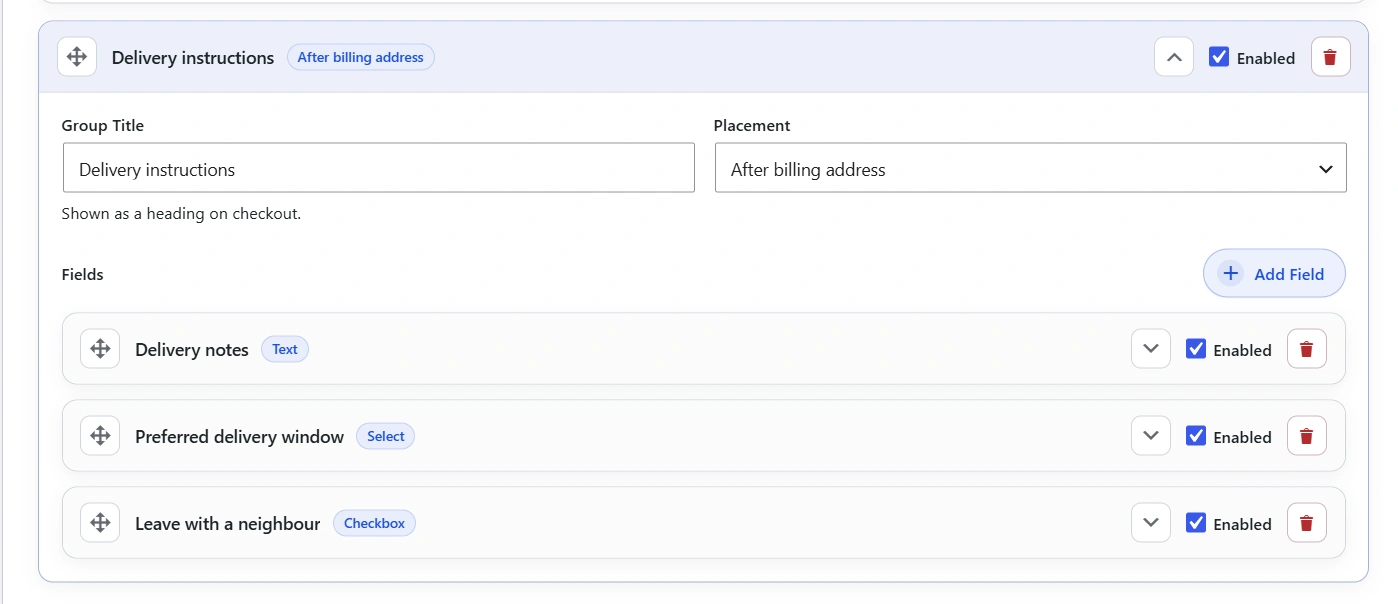 Delivery instructions field group