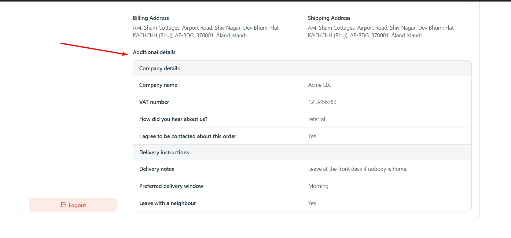 Checkout fields in customer order details