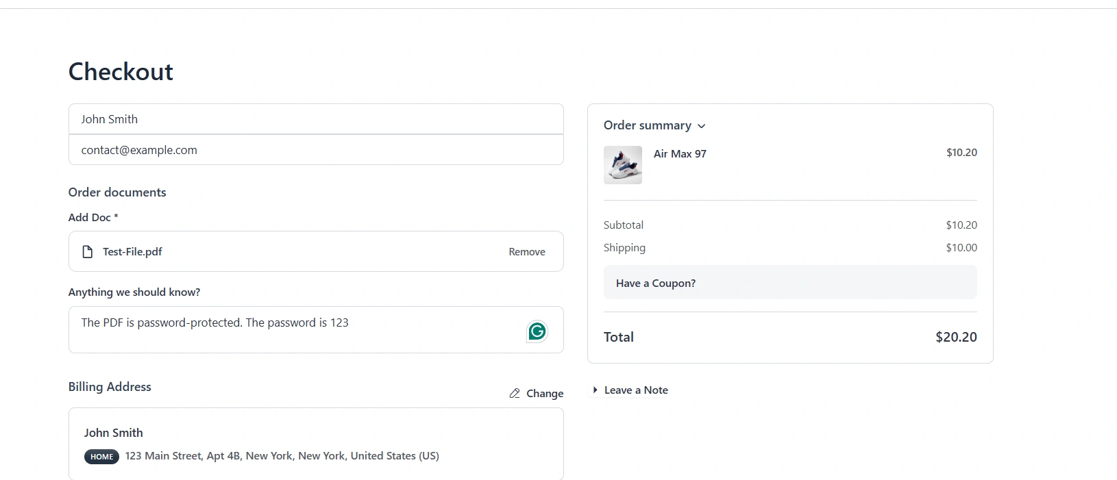 File upload field on checkout with a file attached