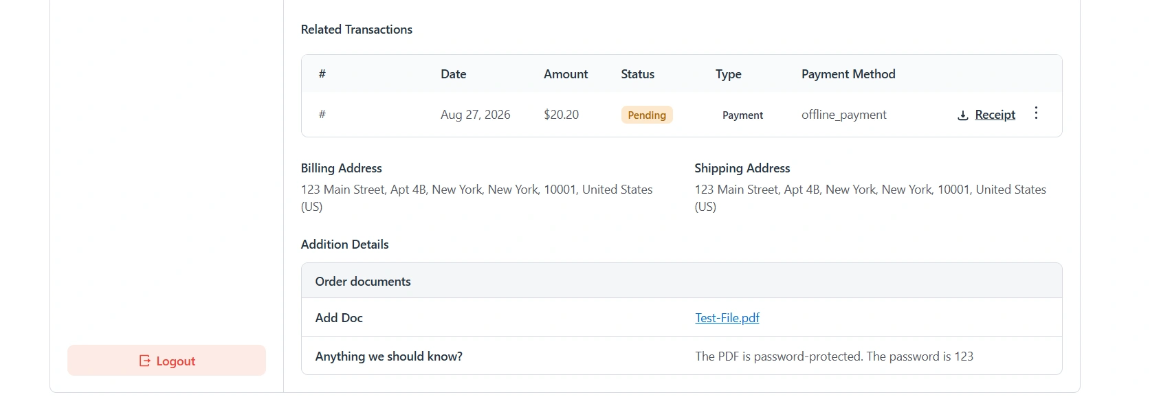 Uploaded file in the customer dashboard order details