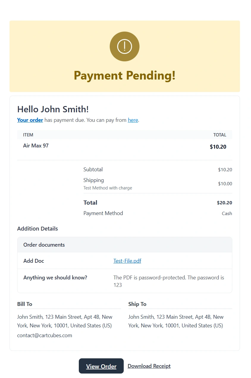 Uploaded file on the thank you receipt