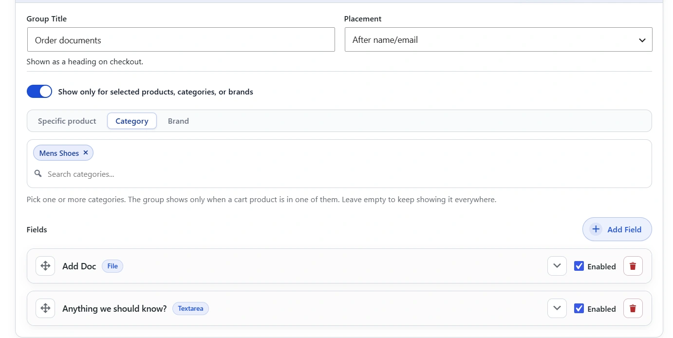 Show a group only for selected categories