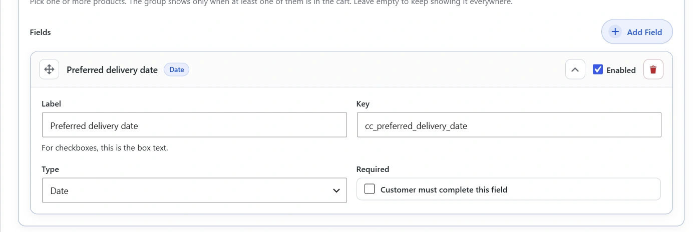 Date field in Checkout Fields settings