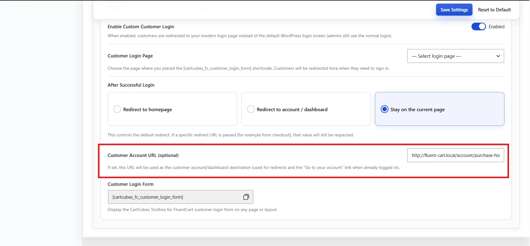 Optional customer account URL