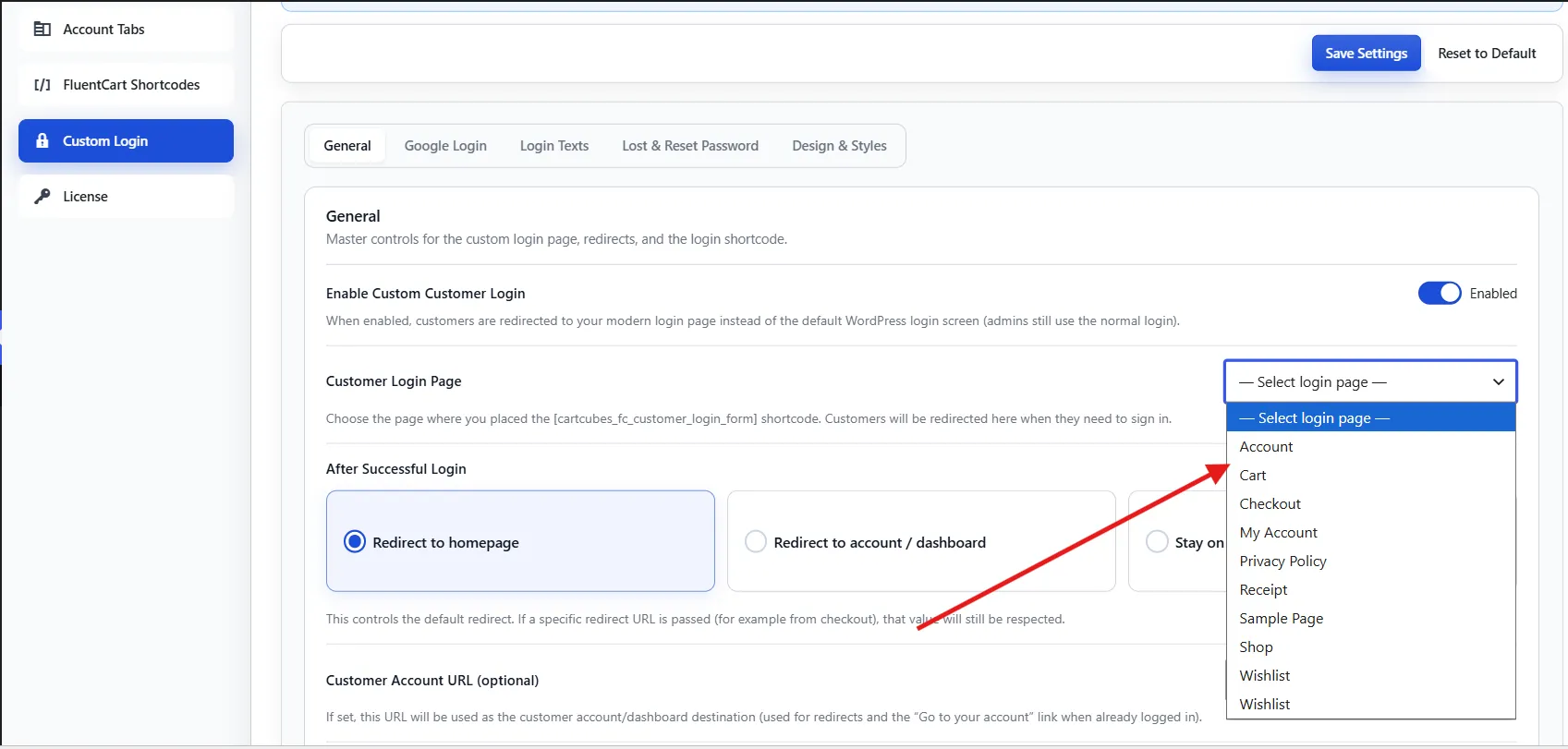 Customer login page