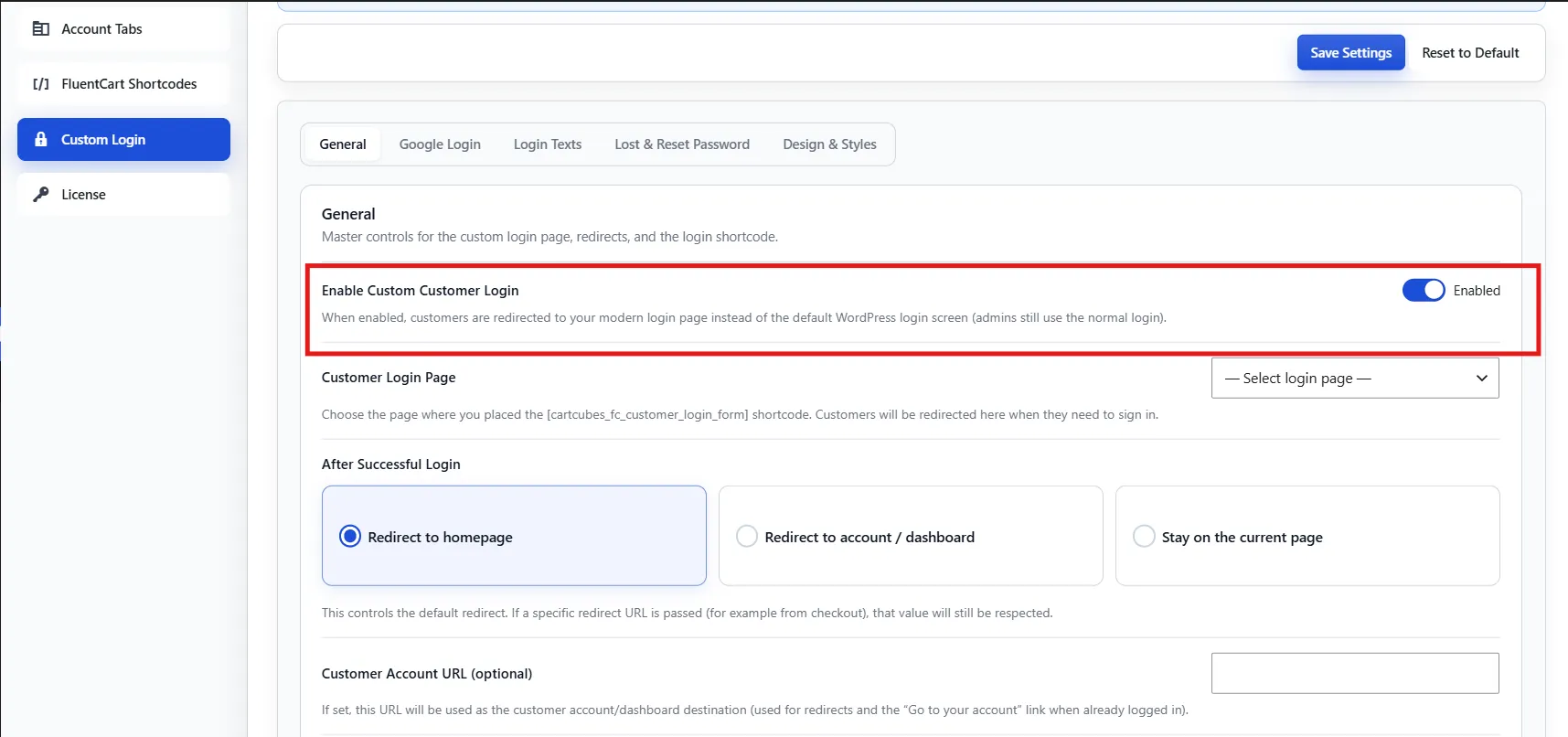 Enable custom customer login
