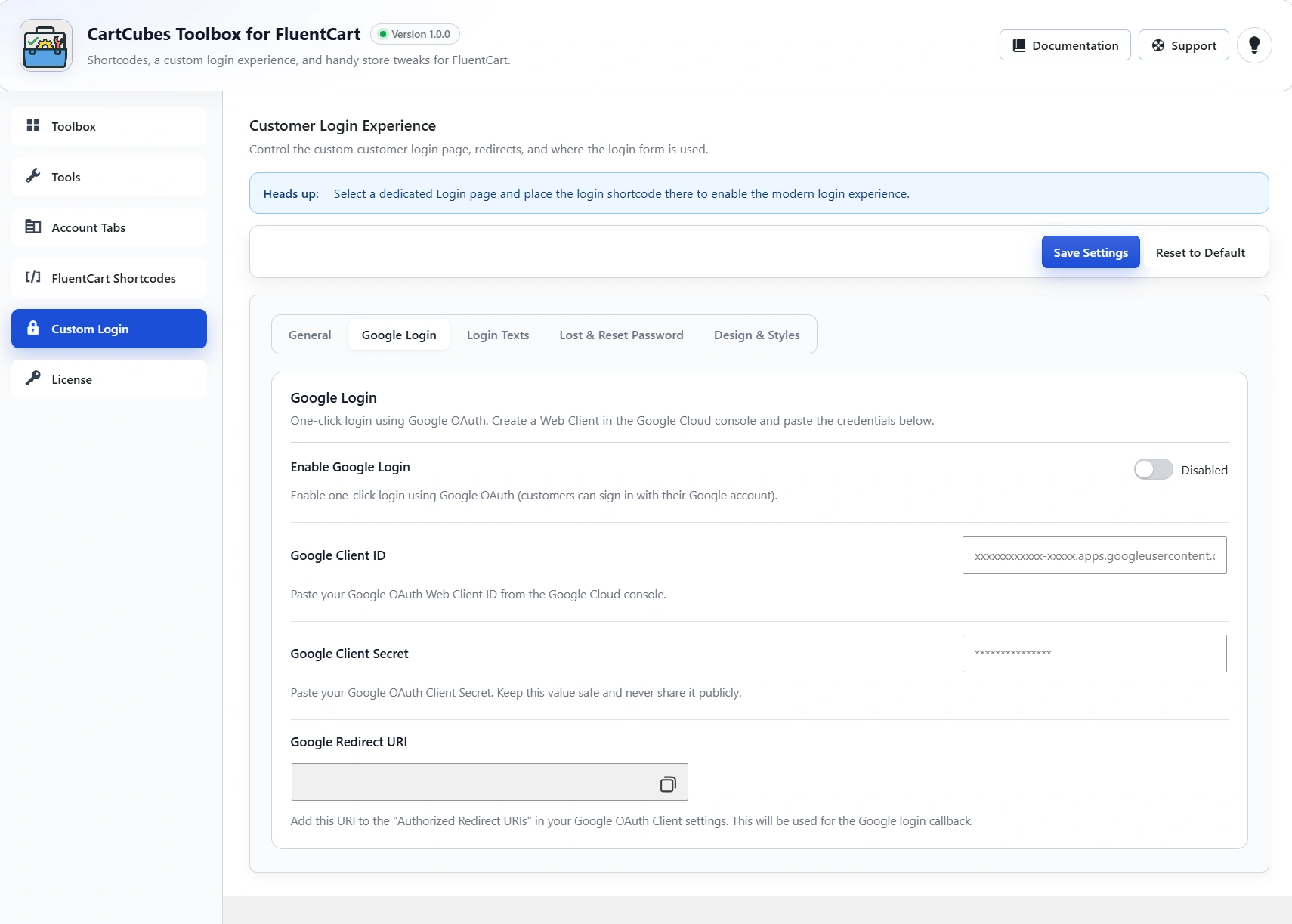 Google Login settings