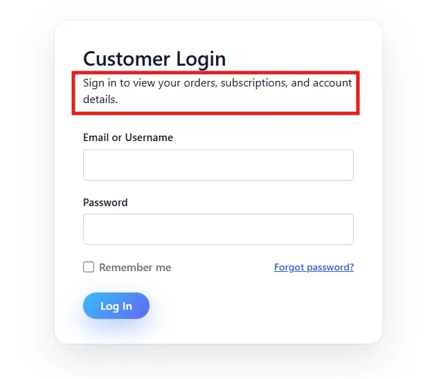 Login subtitle on the storefront