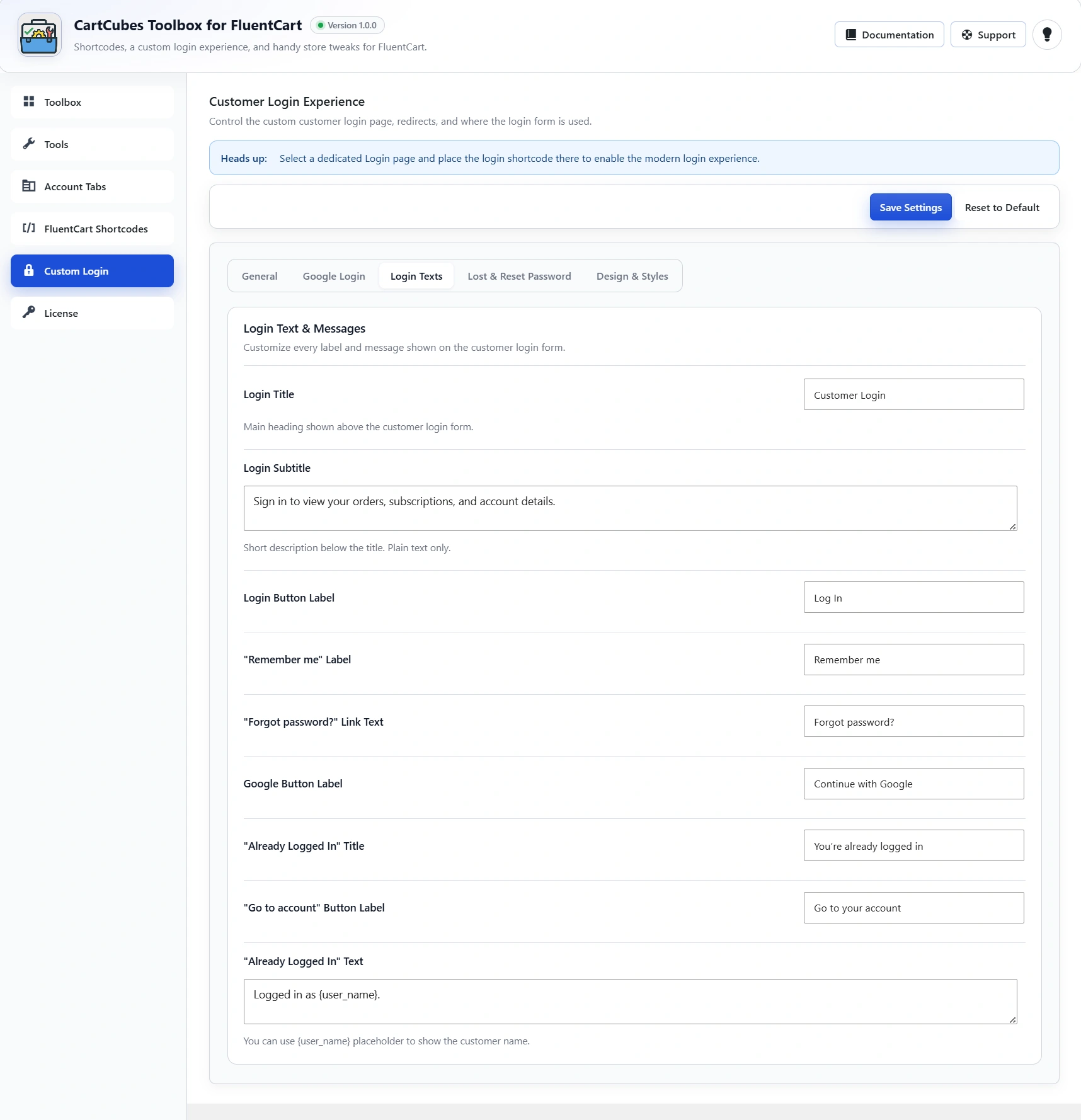 Login text and messages