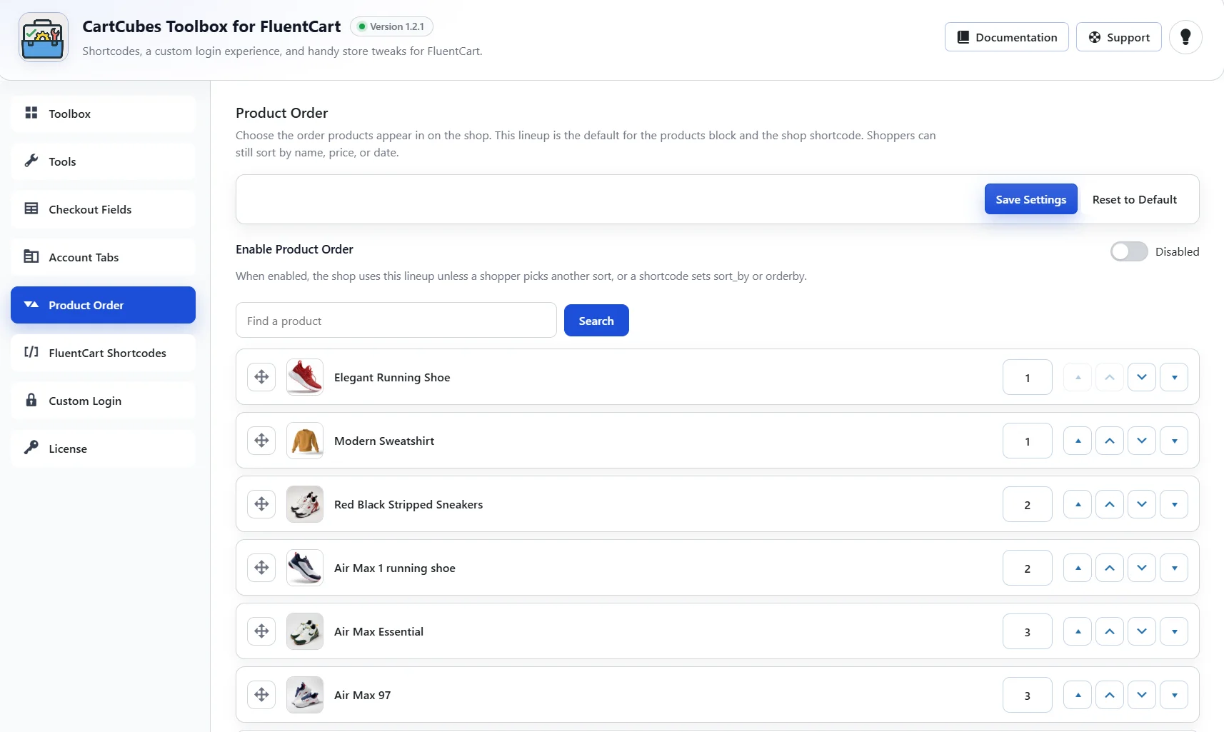 Product Order lineup with search, drag, arrows, and order numbers