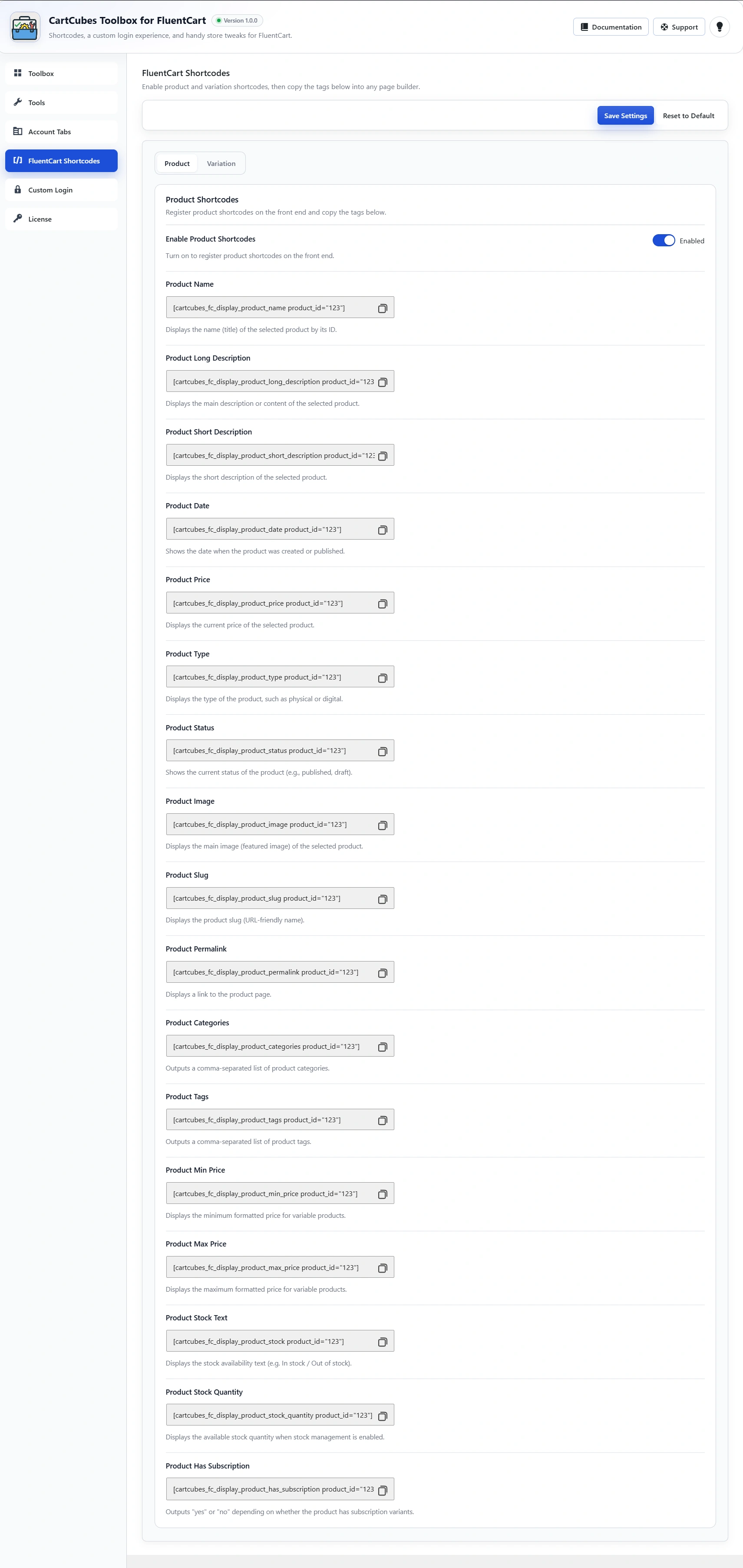 Product shortcodes settings