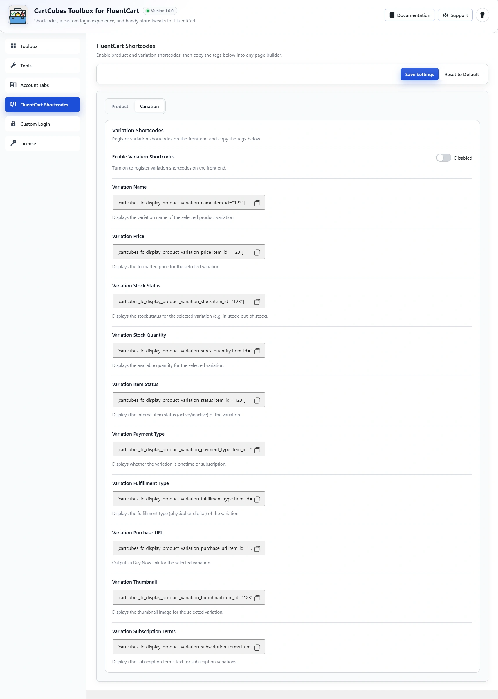 Variation shortcodes settings