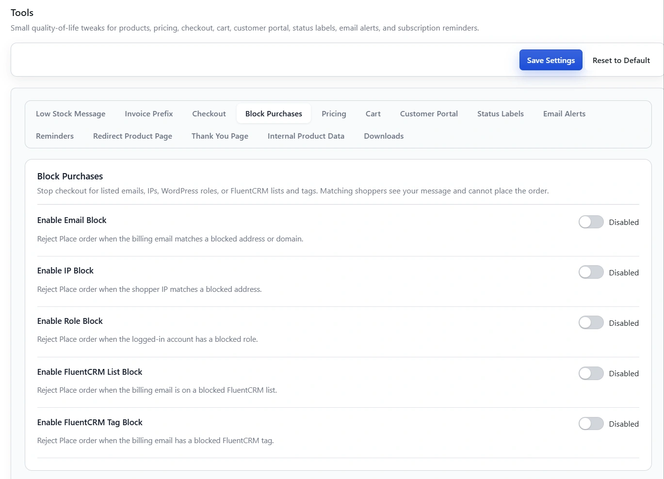 Block Purchases settings in CartCubes Toolbox
