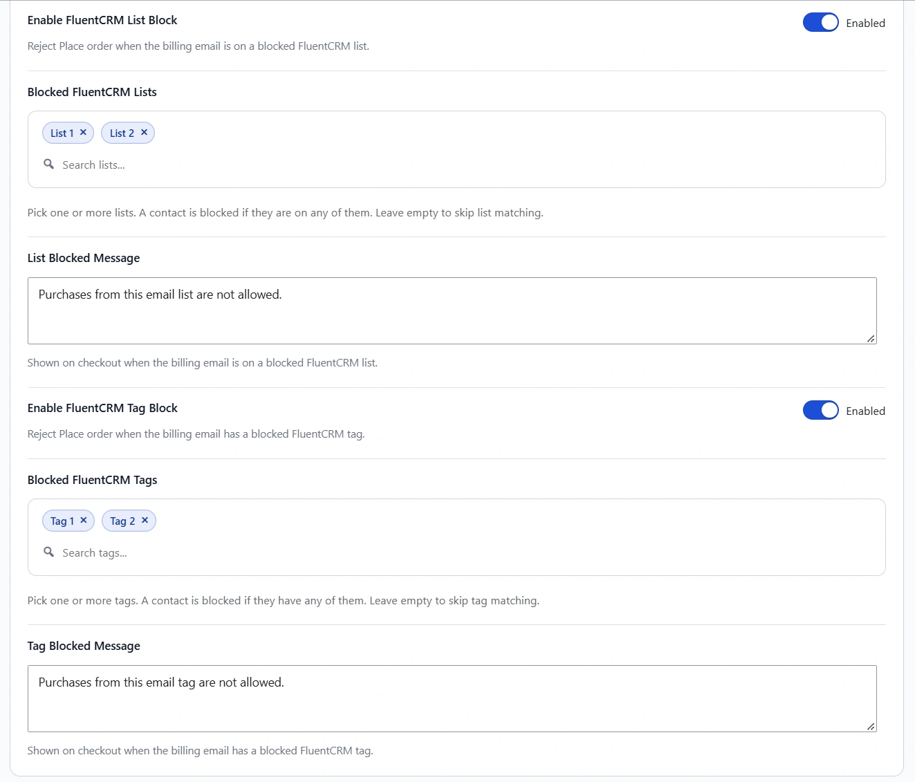 Block purchases with FluentCRM lists and tags