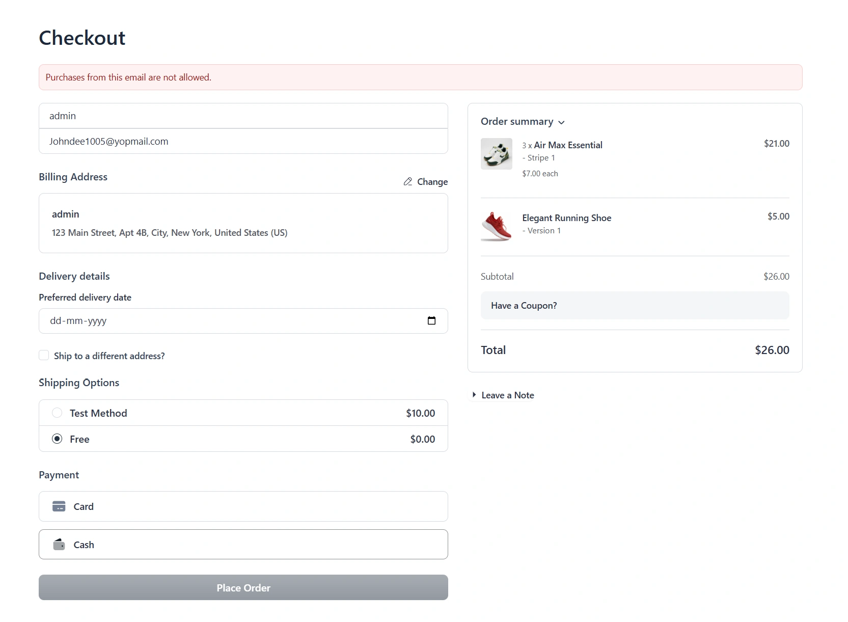 Email block message on the checkout page