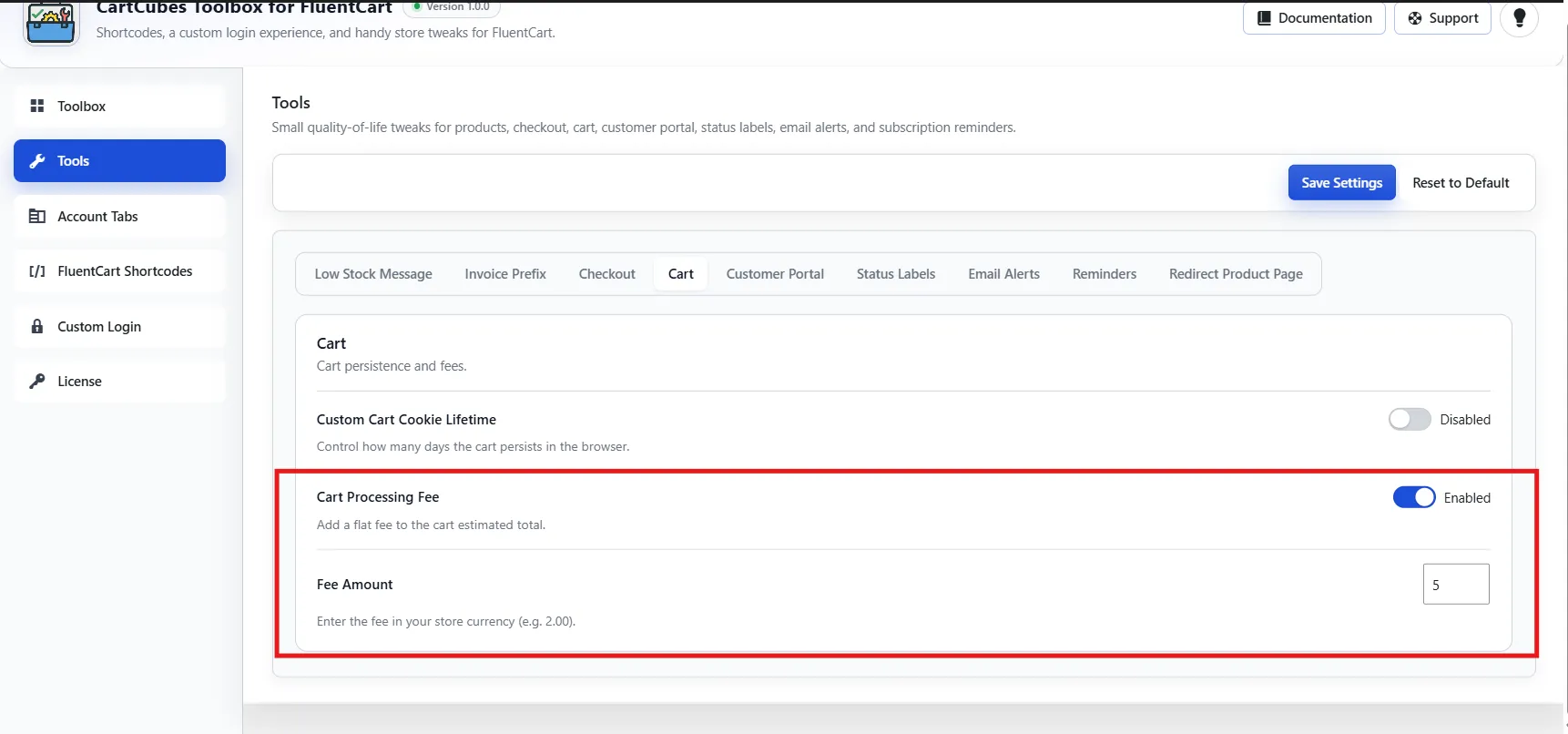 Cart processing fee settings