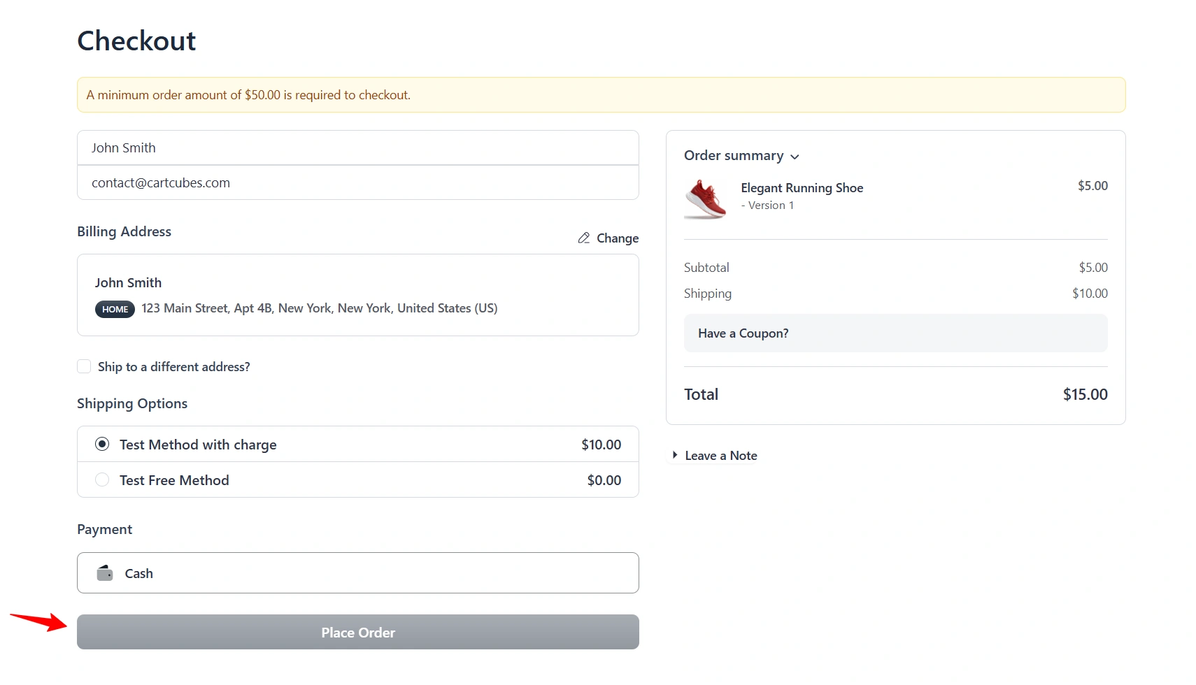 Place Order disabled until the minimum is met