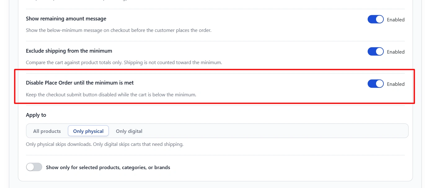 Disable Place Order until the minimum is met