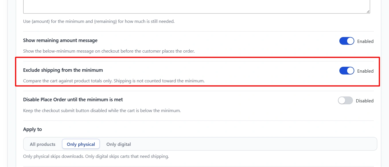 Exclude shipping from the minimum order total