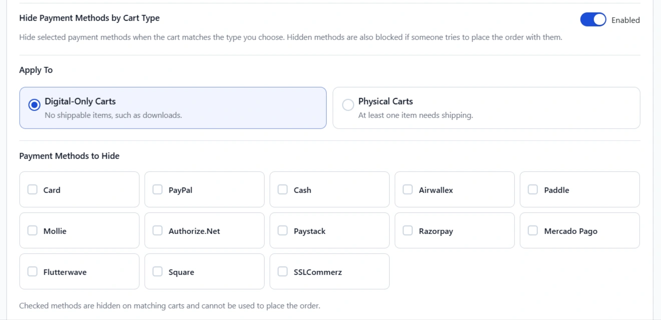 Hide payment methods by cart type settings in CartCubes Toolbox