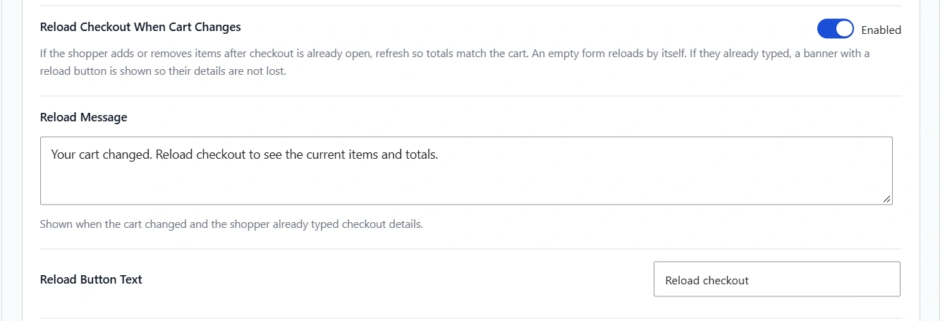 Reload checkout when the cart changes settings