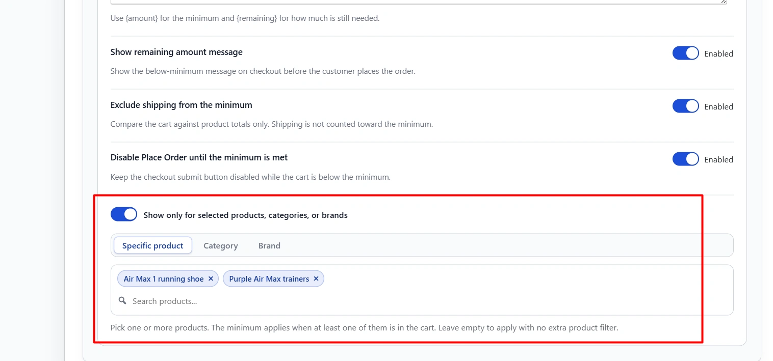 Limit the minimum to selected products, categories or brands