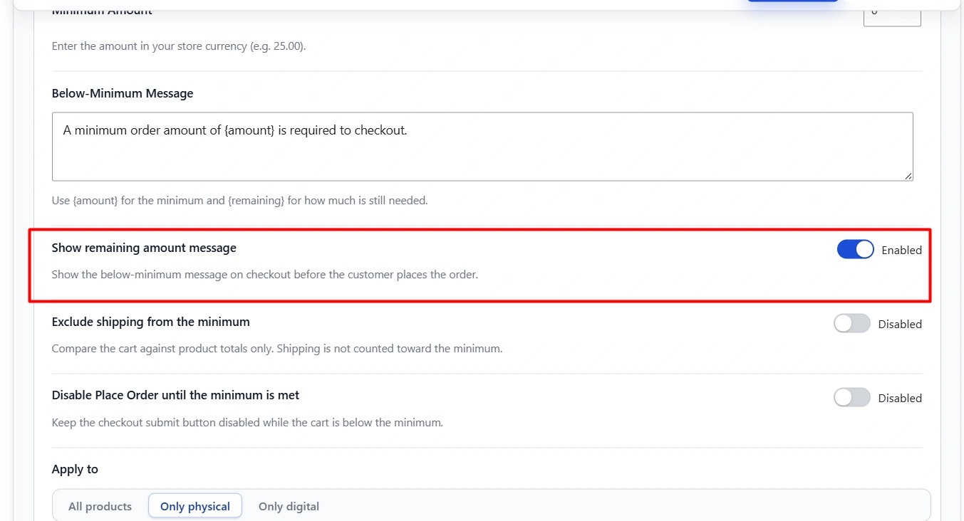 Show remaining amount message settings