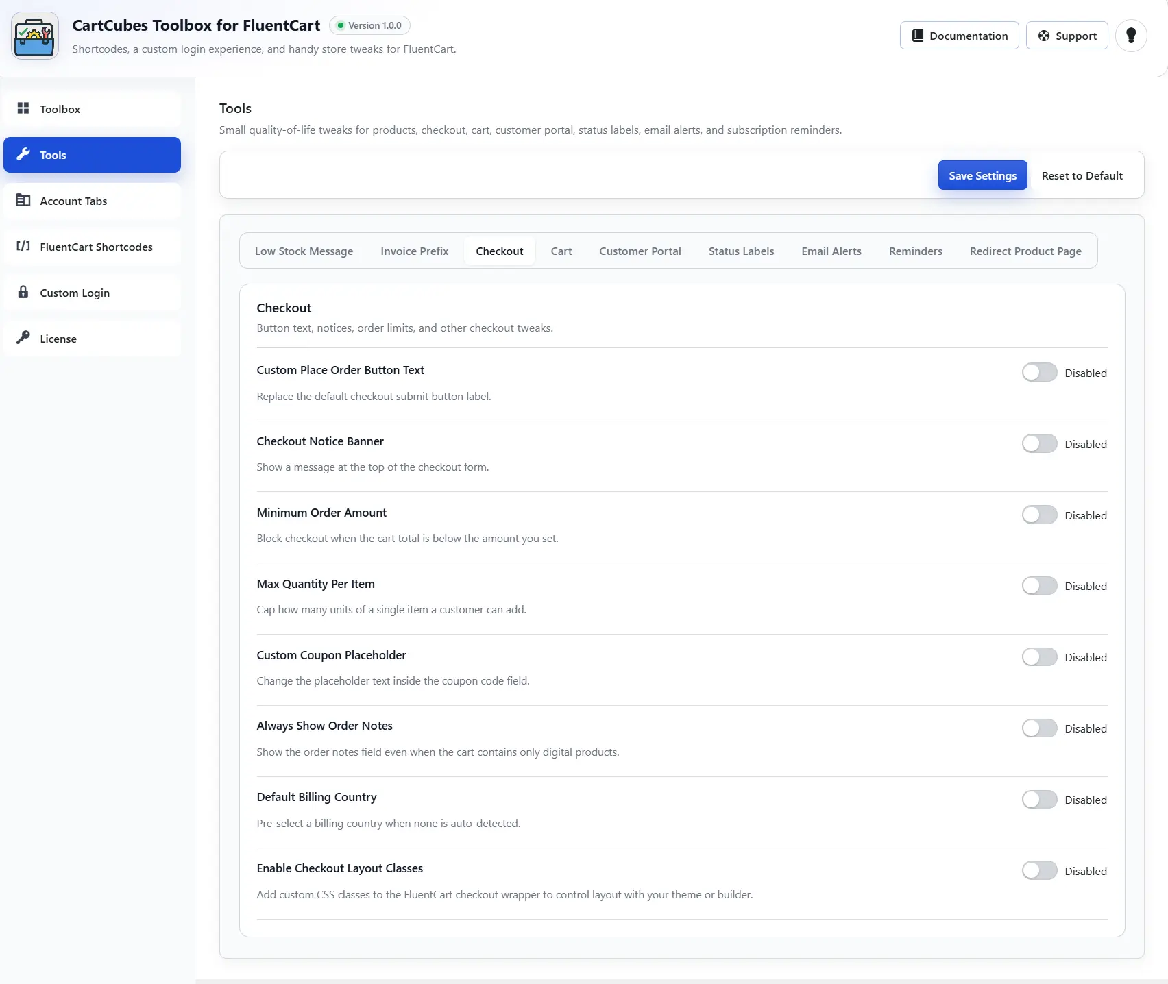 Checkout tools settings