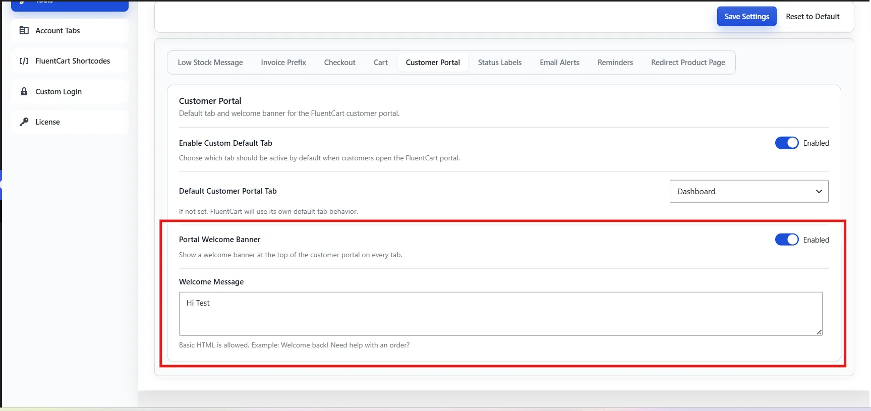 Portal welcome banner settings