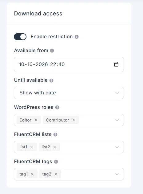 Limit a product download to WordPress roles, FluentCRM lists, and tags