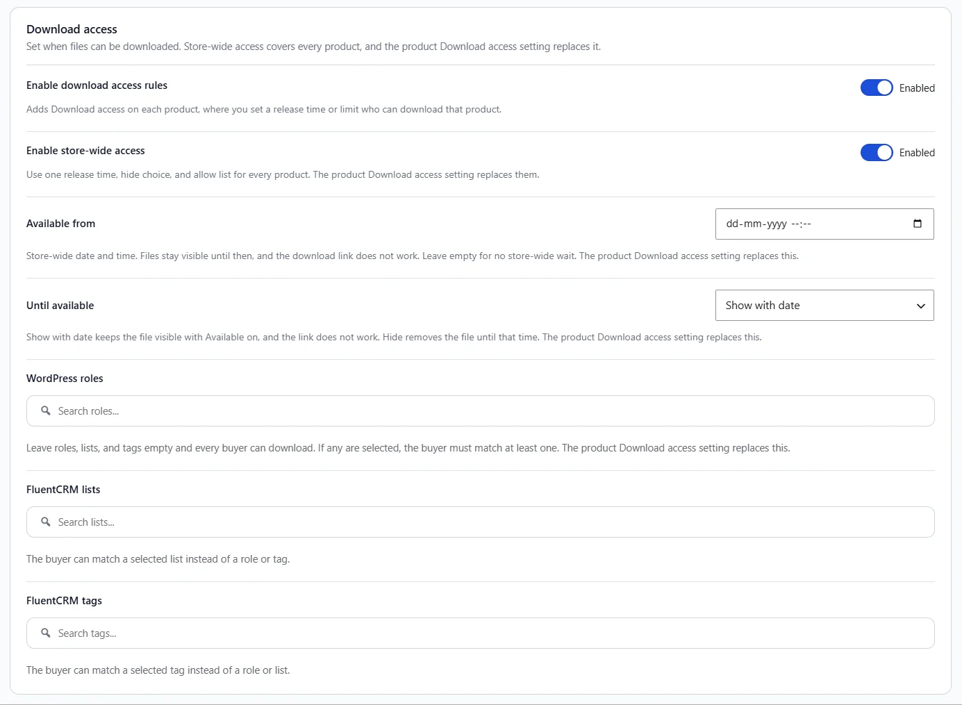 Store-wide Download access settings in Toolbox