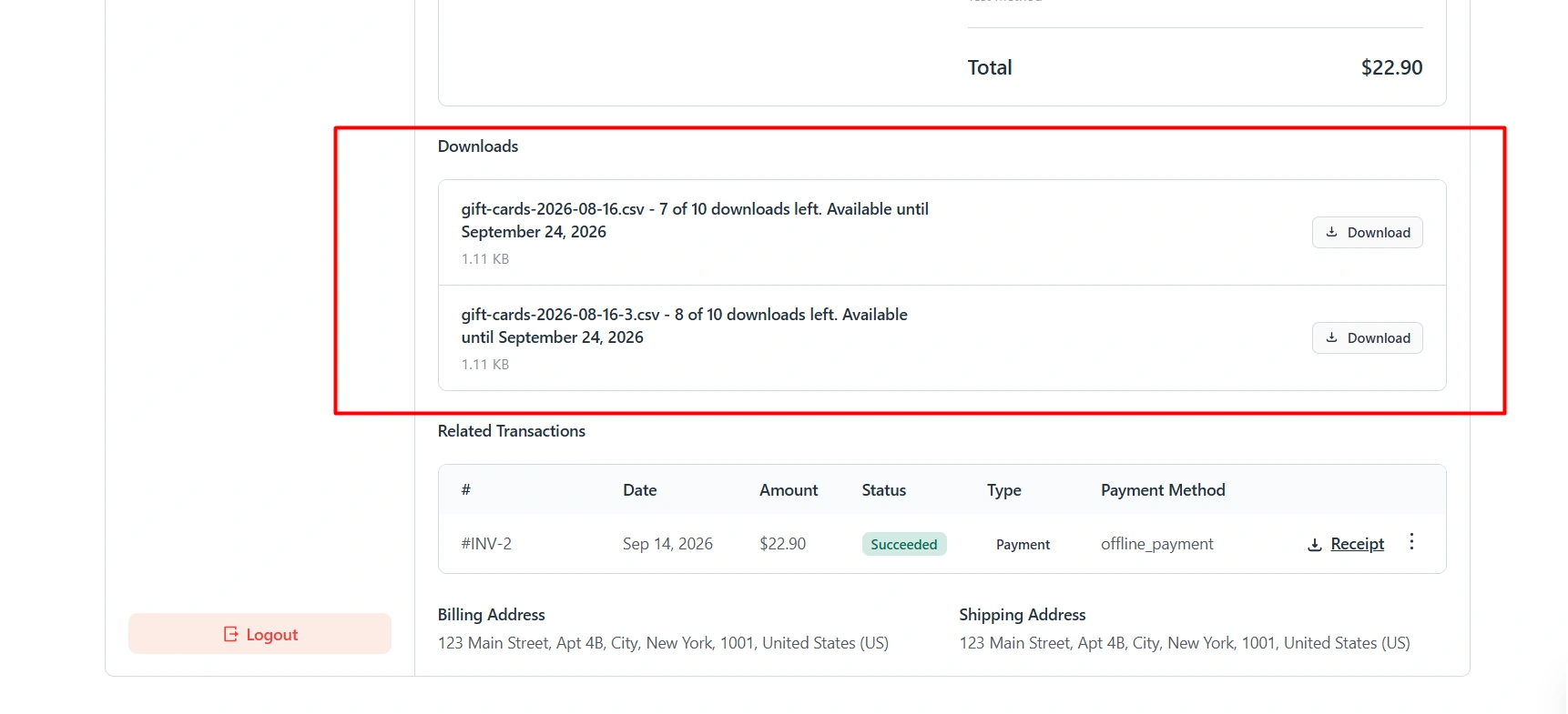 Remaining download count and expiry on the customer account purchase history