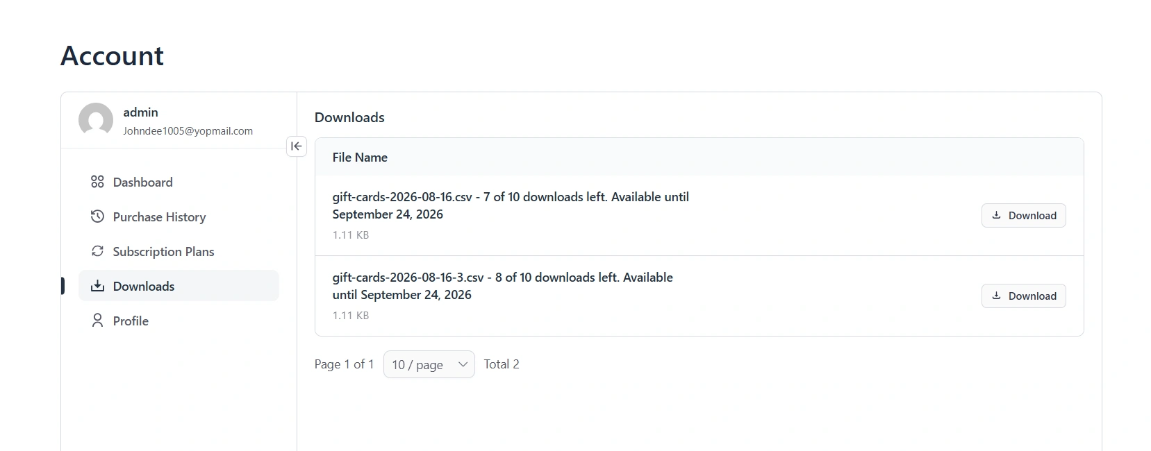 Remaining download count and expiry on the order