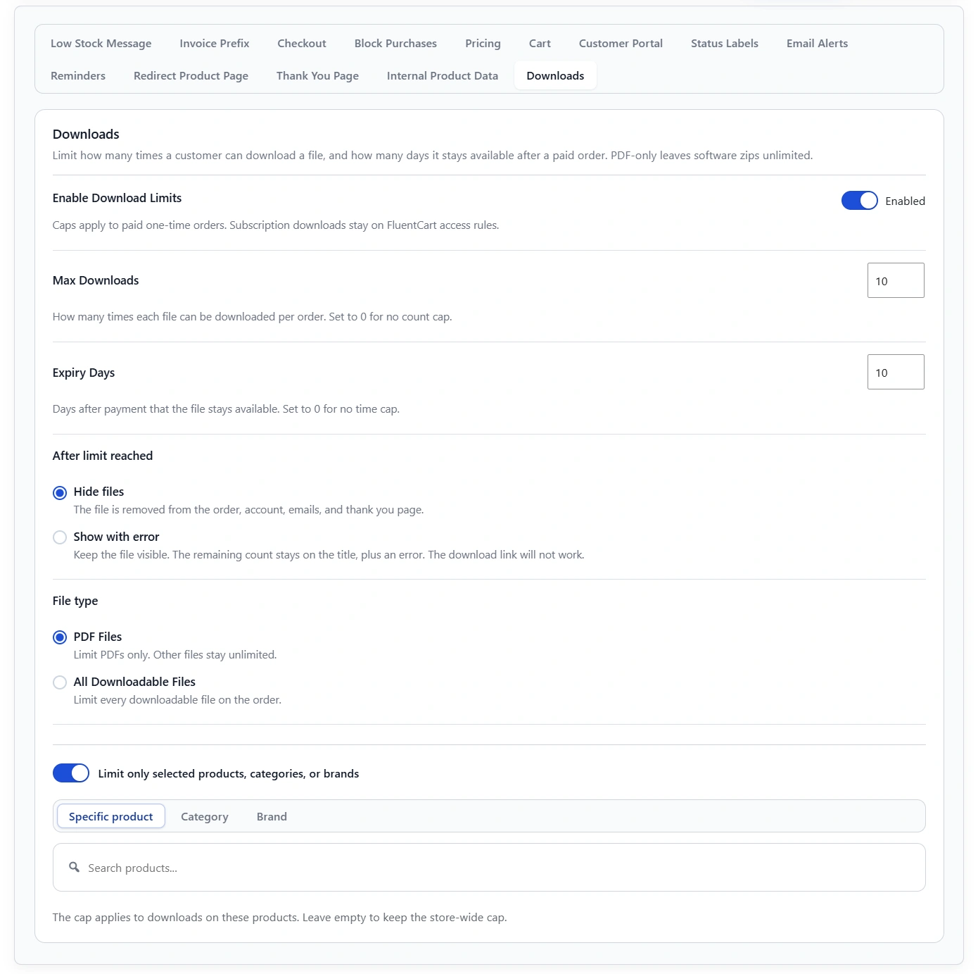 Download limits settings in CartCubes Toolbox