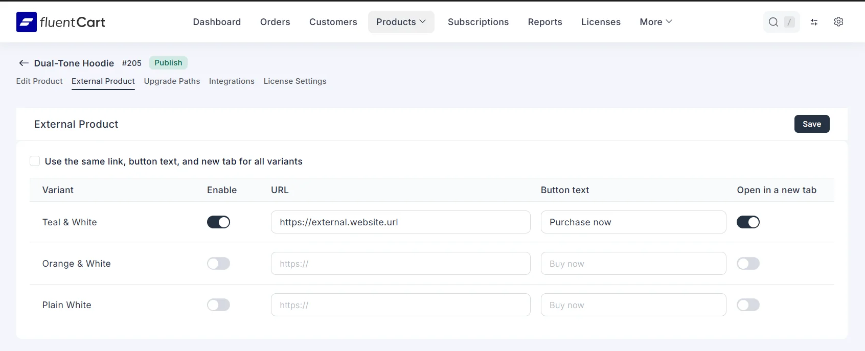 External product link on the shop