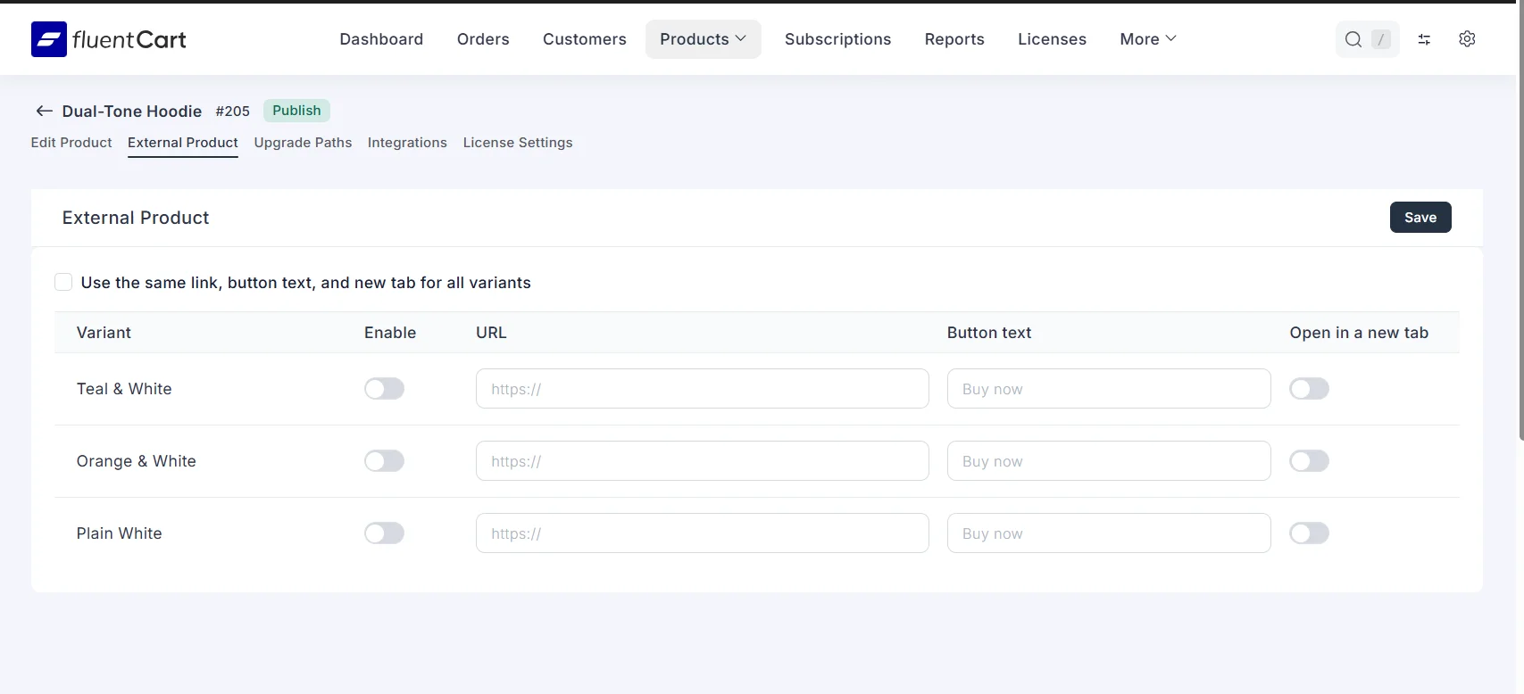 External Product settings on the product editor