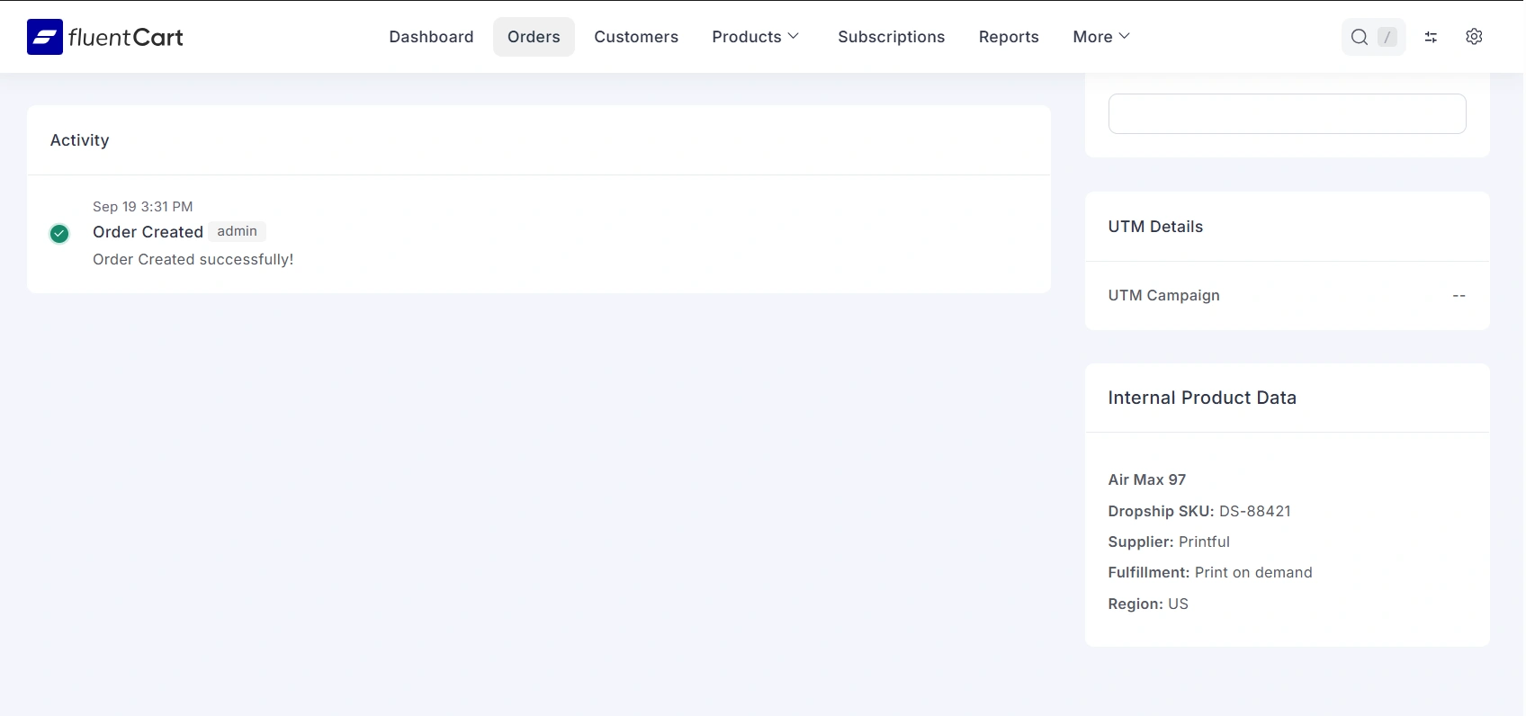 Internal Product Data copied onto the admin order view
