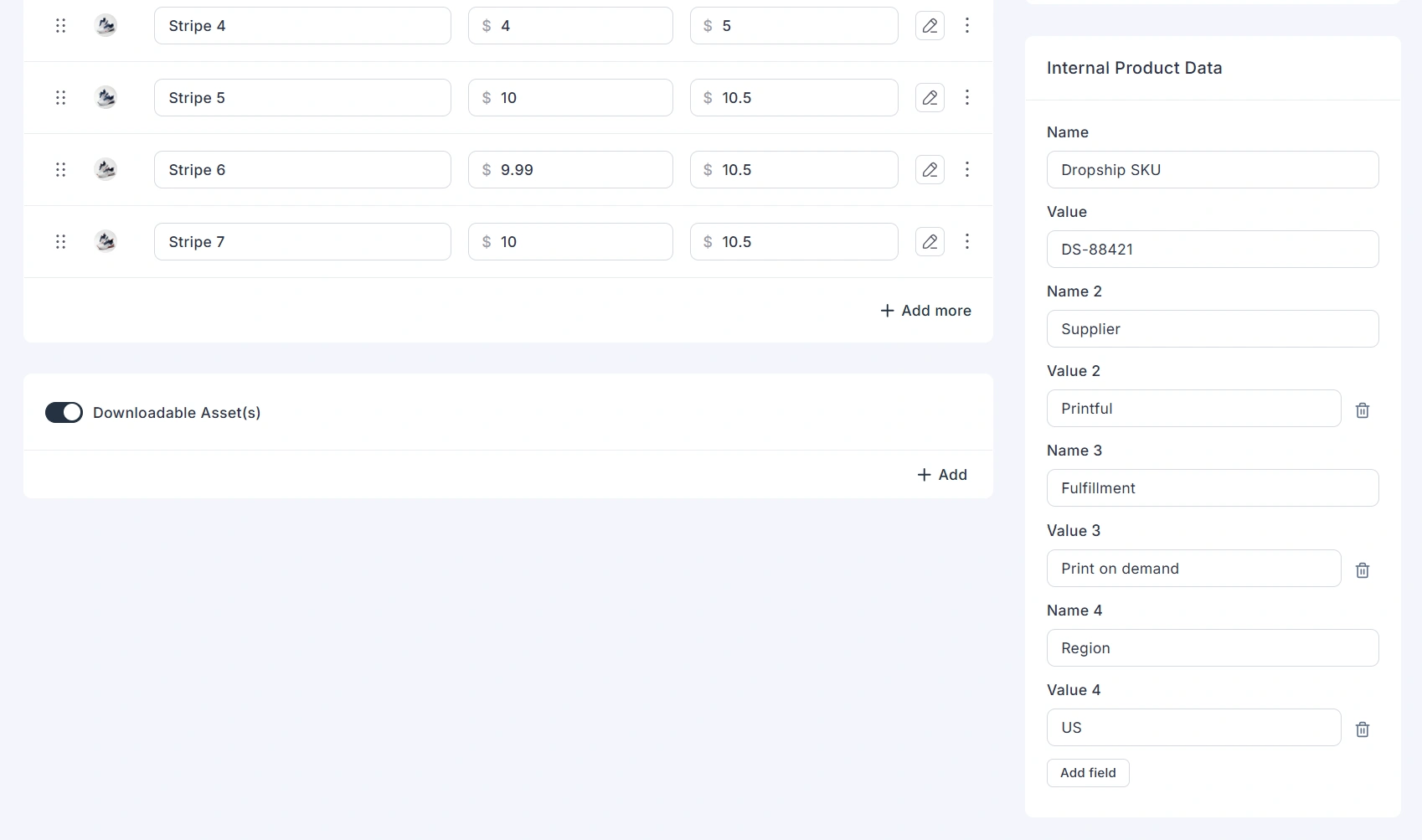 Internal Product Data with example name and value rows on the product editor