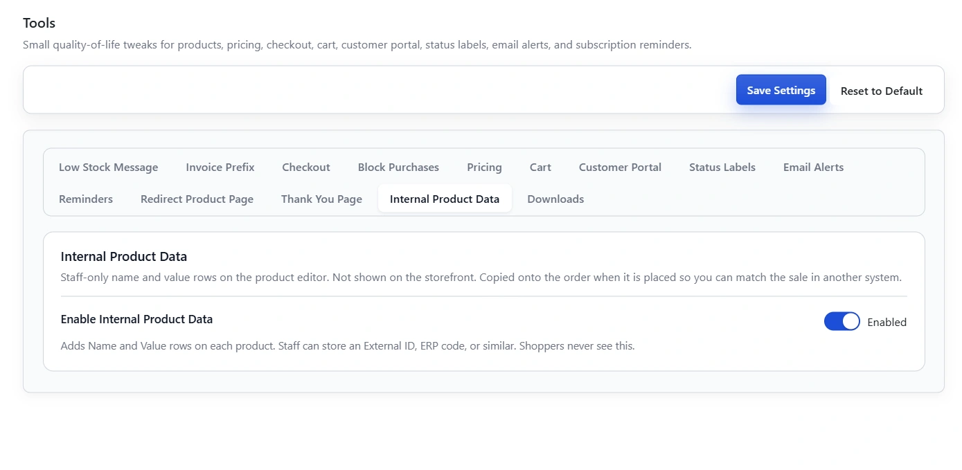 Internal Product Data tool setting