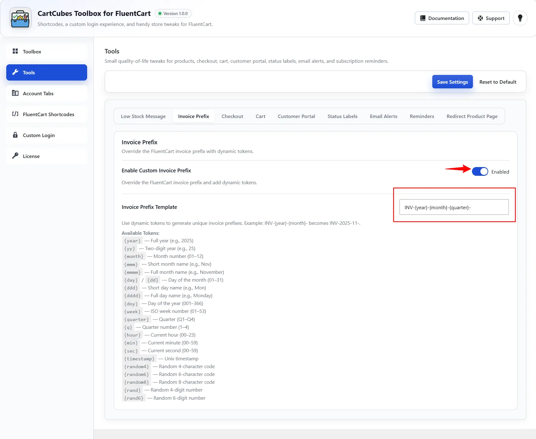 Custom invoice prefix settings