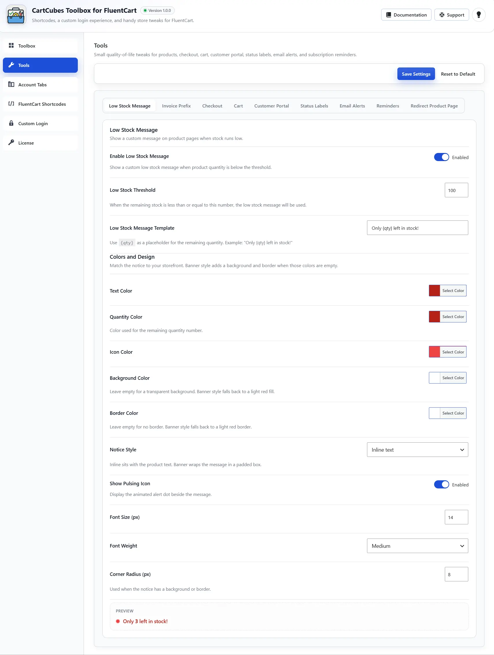 Low stock message settings