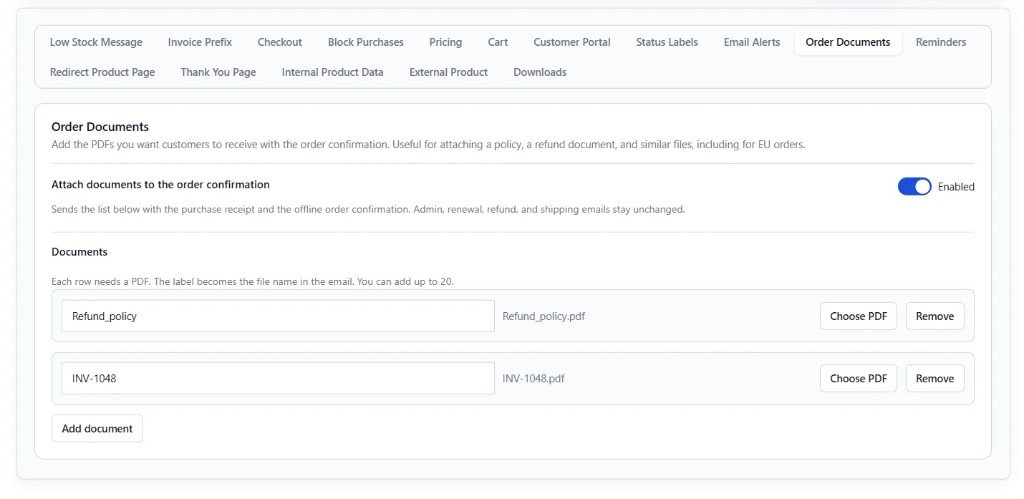 Order Documents with PDFs attached to the order confirmation