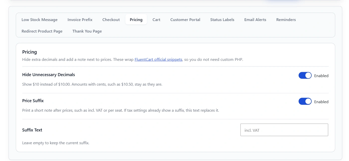 Pricing tools: hide extra decimals and a custom price suffix