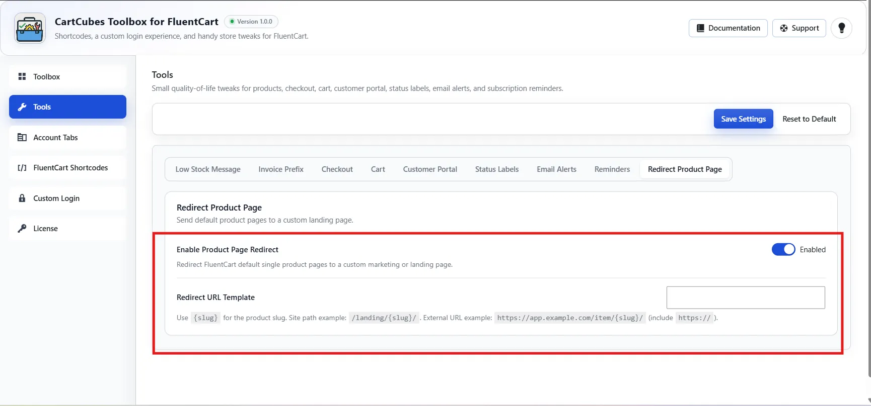 Product page redirect settings
