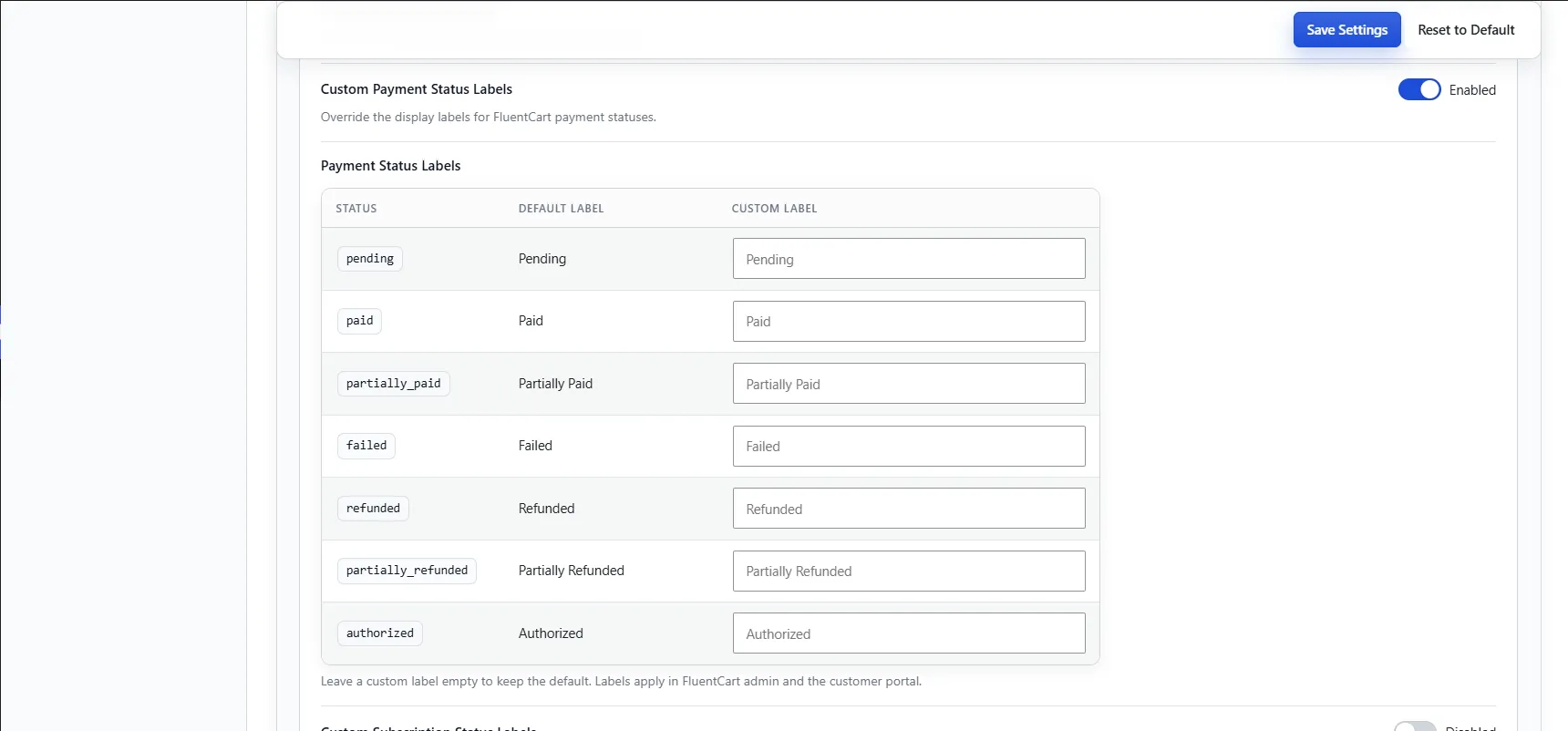Custom payment status labels